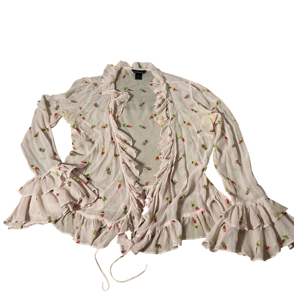Moda International Silk Rose Print Ruffle Wrap Top Womens Medium Pink Y2K Sheer